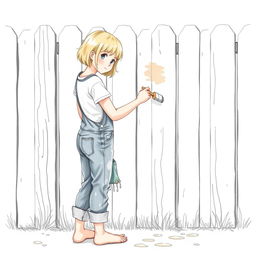 A pencil illustration of an 18-year-old blonde girl painting a wooden fence white