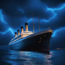 A unique interpretation of the Titanic in electropunk style, adorned with electric blue neon lights, fitted with colossal tesla coils, and radiating strong electromagnetic fields. It sails through a dark and temperamental ocean under an electro-charged, thunderous sky.