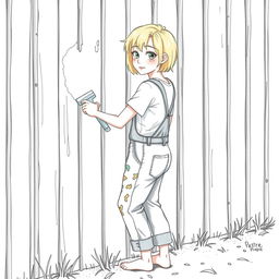 A pencil illustration of an 18-year-old blonde girl painting a wooden fence white