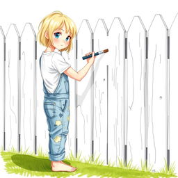 A pencil illustration of an 18-year-old blonde girl painting a wooden fence white