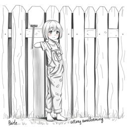 A pencil illustration of an 18-year-old blonde girl painting a wooden fence white