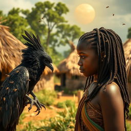 In an African rural village with grass-thatched houses, a teenage African girl with locs listens carefully to a majestic Black Phoenix