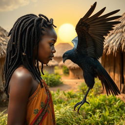 In an African rural village with grass-thatched houses, a teenage African girl with locs listens carefully to a majestic Black Phoenix