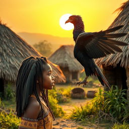 In an African rural village with grass-thatched houses, a teenage African girl with locs listens carefully to a majestic Black Phoenix