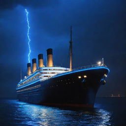 A unique interpretation of the Titanic in electropunk style, adorned with electric blue neon lights, fitted with colossal tesla coils, and radiating strong electromagnetic fields. It sails through a dark and temperamental ocean under an electro-charged, thunderous sky.