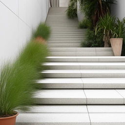 Design a city stairway with materials and features that repel dust, with focus on smooth surfaces, gloss finishes, and plants strategically placed to create a clean, dust-free appearance.