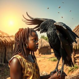 In an African rural village with grass-thatched houses, a teenage African girl with locs listens carefully to a majestic Black Phoenix