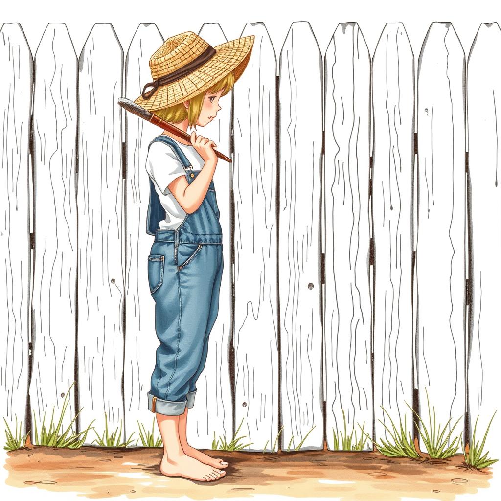 A 20-year-old girl with short blonde hair is painting a wooden fence white with a large brush