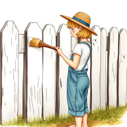 A 20-year-old girl with short blonde hair is painting a wooden fence white with a large brush