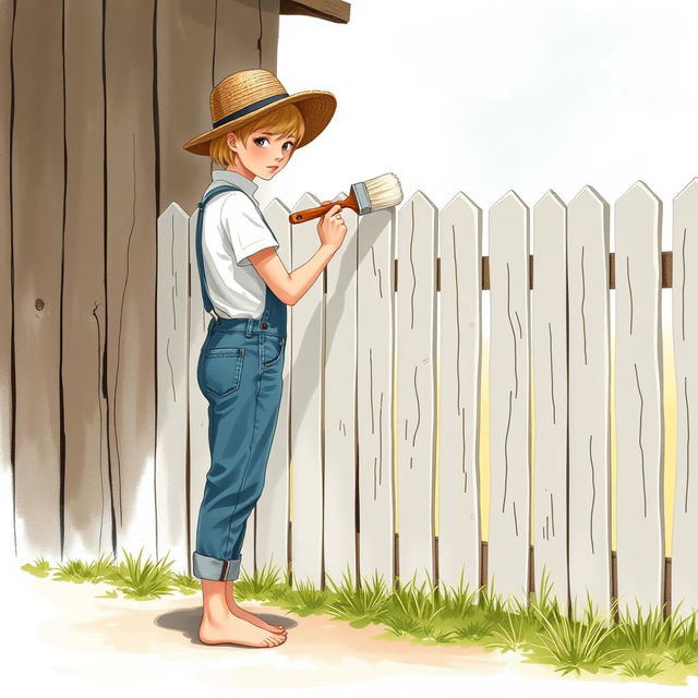 A 20-year-old girl with short blonde hair is painting a wooden fence white with a large brush