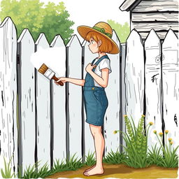 A 20-year-old girl with short blonde hair is painting a wooden fence white with a large brush