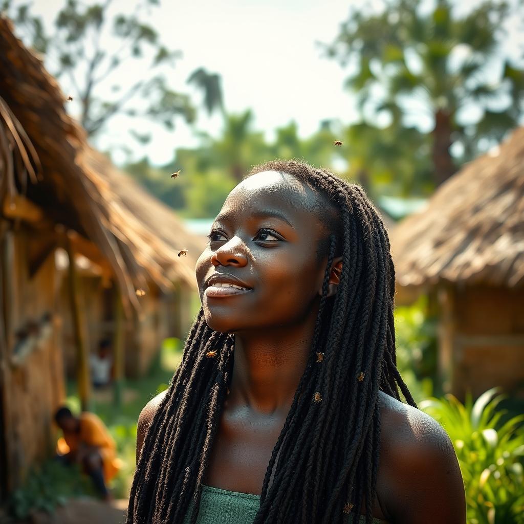 In an African rural village with grass-thatched houses, a teenage African girl with locs enjoys a peaceful moment as bees buzz gently around her