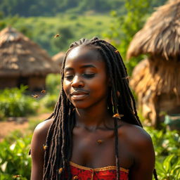 In an African rural village with grass-thatched houses, a teenage African girl with locs enjoys a peaceful moment as bees buzz gently around her