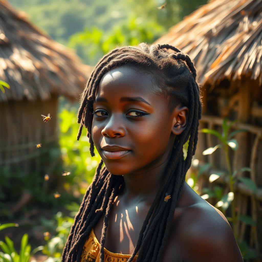 In an African rural village with grass-thatched houses, a teenage African girl with locs enjoys a peaceful moment as bees buzz gently around her