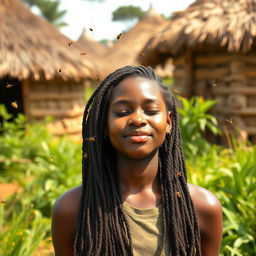 In an African rural village with grass-thatched houses, a teenage African girl with locs enjoys a peaceful moment as bees buzz gently around her