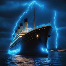 A unique interpretation of the Titanic in electropunk style, adorned with electric blue neon lights, fitted with colossal tesla coils, and radiating strong electromagnetic fields. It sails through a dark and temperamental ocean under an electro-charged, thunderous sky.