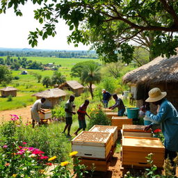 In an African rural village with grass-thatched houses, African villagers are actively building beehives in the fields and gardens