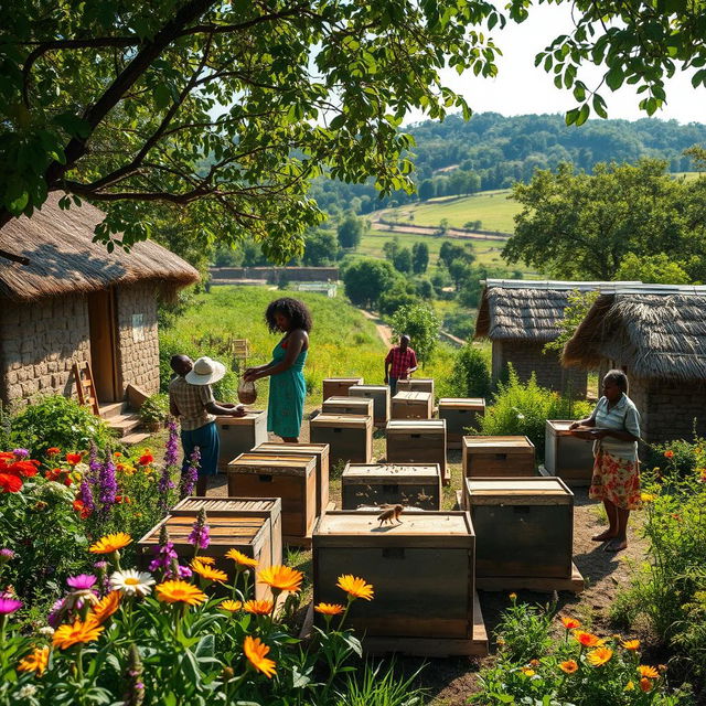 In an African rural village with grass-thatched houses, African villagers are actively building beehives in the fields and gardens