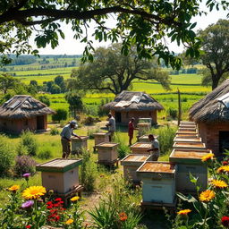 In an African rural village with grass-thatched houses, African villagers are actively building beehives in the fields and gardens