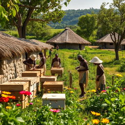 In an African rural village with grass-thatched houses, African villagers are actively building beehives in the fields and gardens