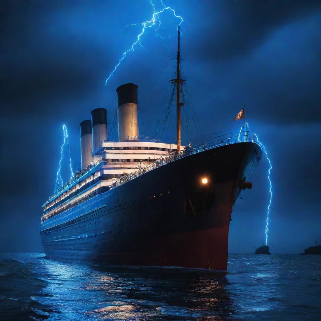 A unique interpretation of the Titanic in electropunk style, adorned with electric blue neon lights, fitted with colossal tesla coils, and radiating strong electromagnetic fields. It sails through a dark and temperamental ocean under an electro-charged, thunderous sky.