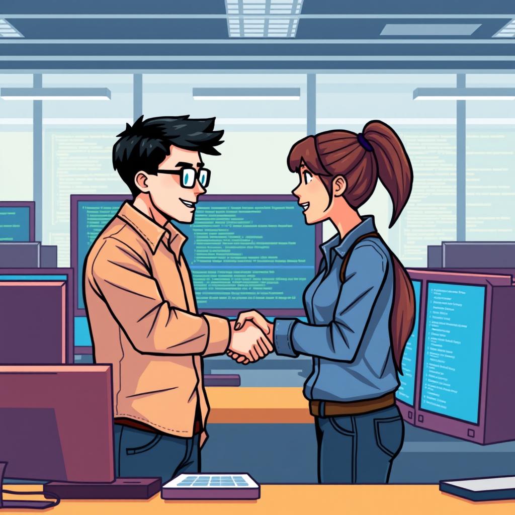 A pixel-style scene featuring two programmers shaking hands in a modern office setting