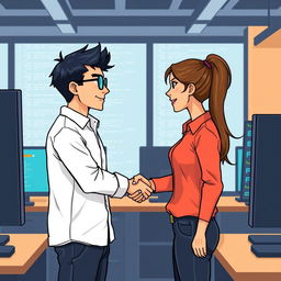 A pixel-style scene featuring two programmers shaking hands in a modern office setting