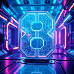 A futuristic scene featuring the number 8 represented in a digital format