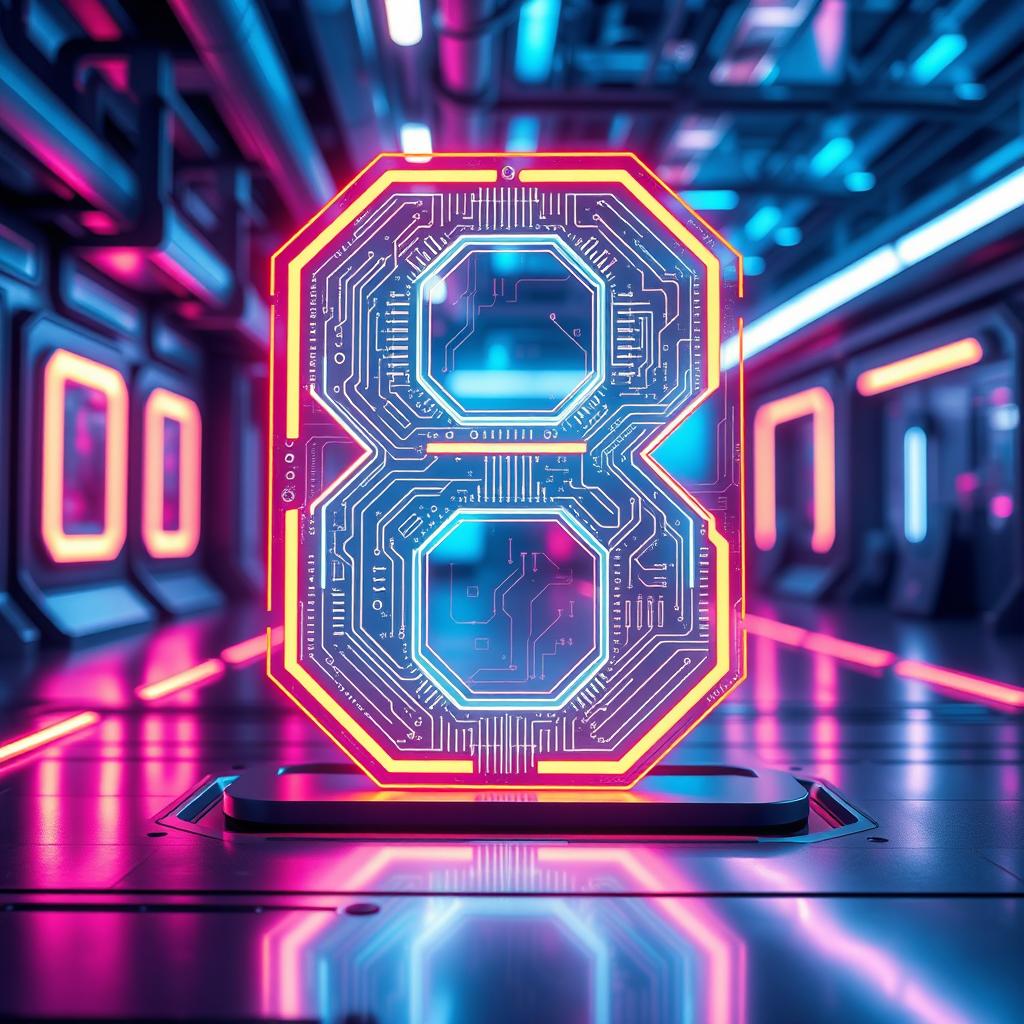 A futuristic scene featuring the number 8 represented in a digital format