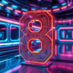 A futuristic scene featuring the number 8 represented in a digital format