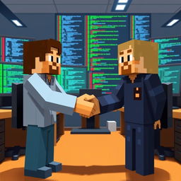 A scene in Minecraft style depicting two programmers shaking hands