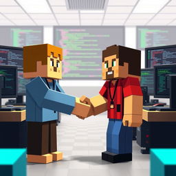 A scene in Minecraft style depicting two programmers shaking hands