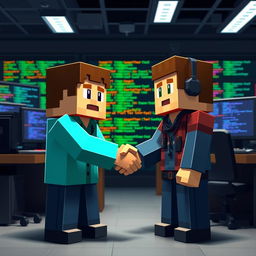 A scene in Minecraft style depicting two programmers shaking hands