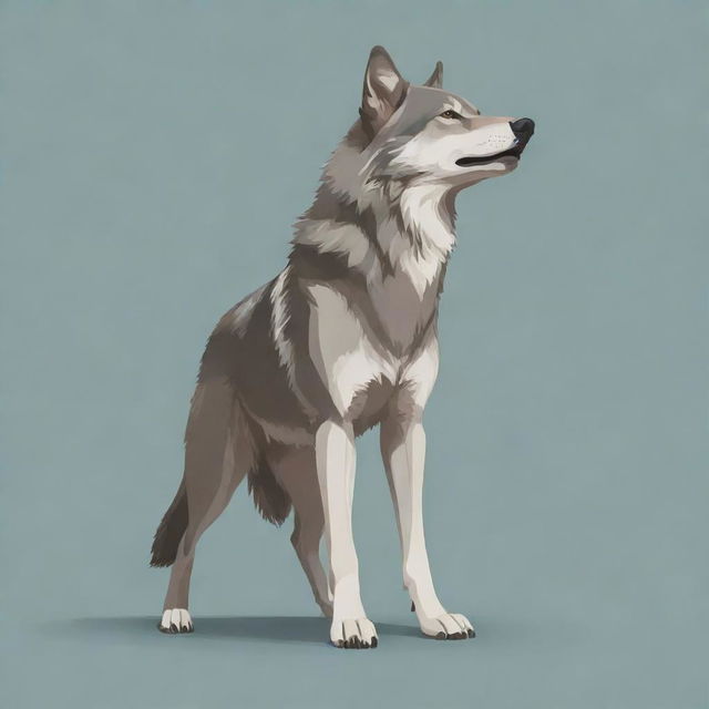 A vector illustration of a wolf in a back pose, looking towards the viewer while saying 'Hi'.