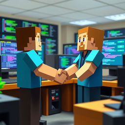 A scene in Minecraft style depicting two programmers shaking hands