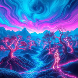 a futuristic digital landscape with abstract, swirling patterns and vibrant neon colors, representing the fusion of technology and nature