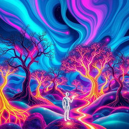 a futuristic digital landscape with abstract, swirling patterns and vibrant neon colors, representing the fusion of technology and nature