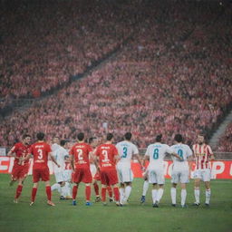 An intense football game taking place between Girona FC, decked out in red and white uniforms, and Real Madrid, who are in their classic white kits. The picture captures the moment, with the crowd on their feet, totally swept up in the action.