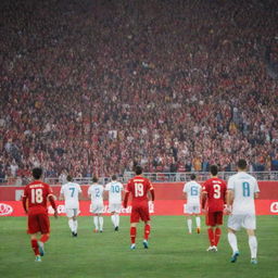 An intense football game taking place between Girona FC, decked out in red and white uniforms, and Real Madrid, who are in their classic white kits. The picture captures the moment, with the crowd on their feet, totally swept up in the action.