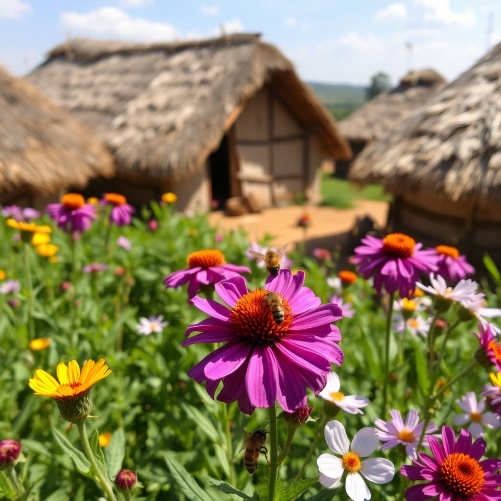 In an African rural village with grass-thatched houses, the plants bloom beautifully, displaying a rich array of vibrant colors