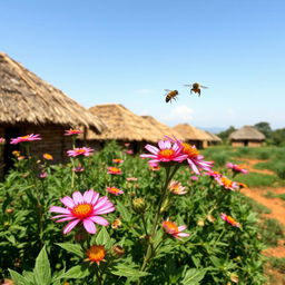 In an African rural village with grass-thatched houses, the plants bloom beautifully, displaying a rich array of vibrant colors