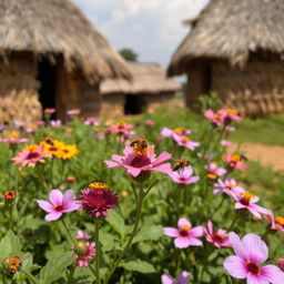 In an African rural village with grass-thatched houses, the plants bloom beautifully, displaying a rich array of vibrant colors