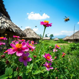 In an African rural village with grass-thatched houses, the plants bloom beautifully, displaying a rich array of vibrant colors