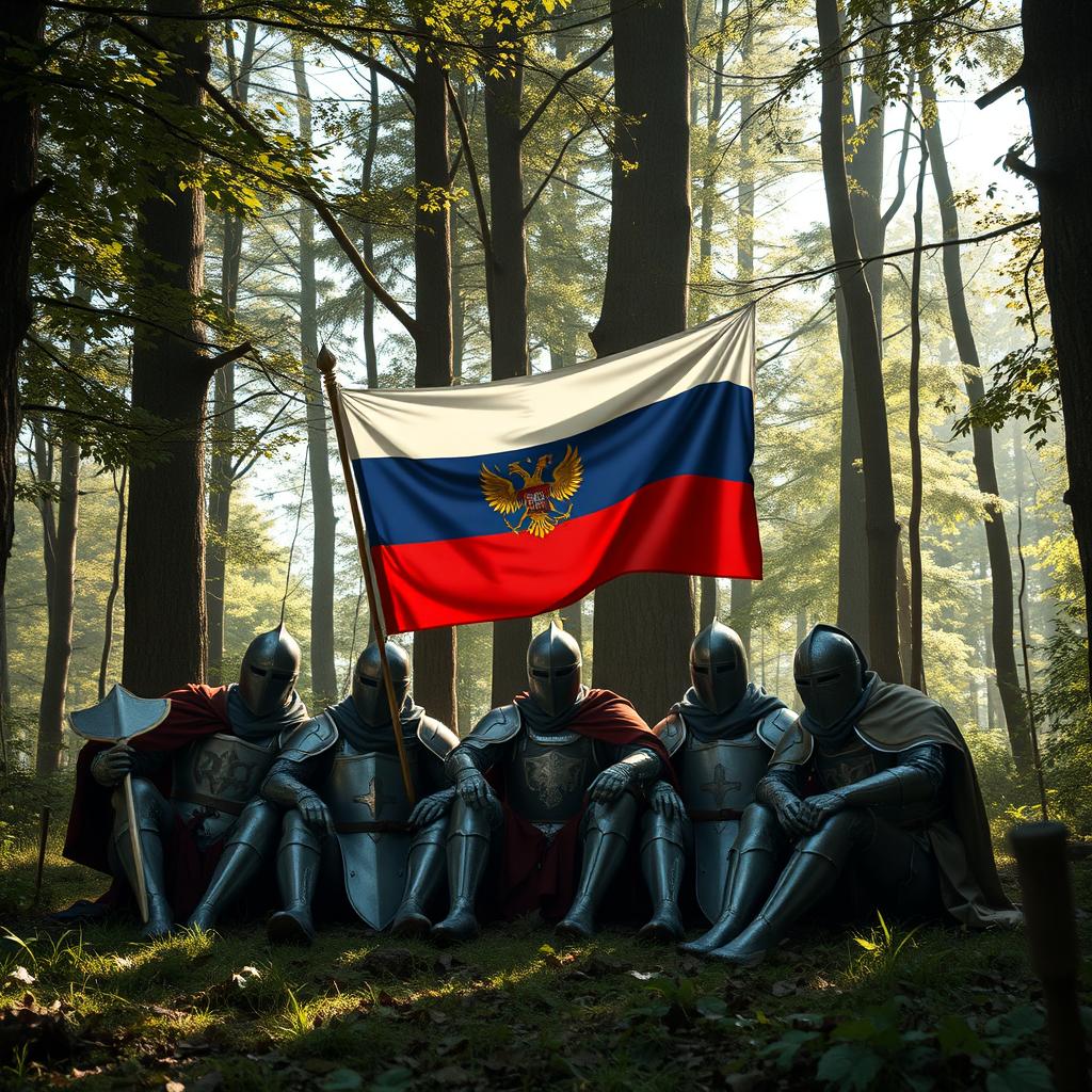 A group of knights in medieval armor sitting in a dense, enchanting forest, surrounded by towering trees and dappled sunlight