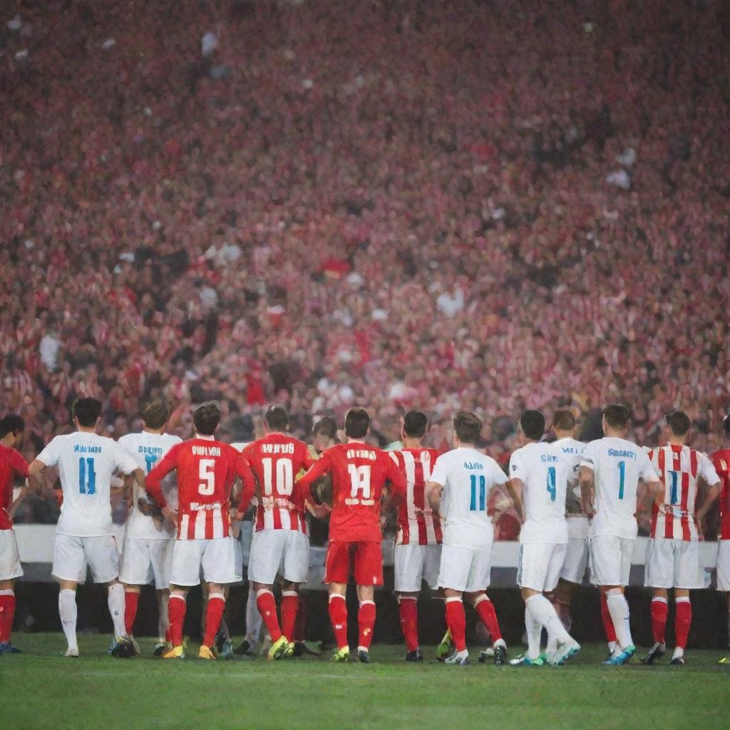 An intense football game taking place between Girona FC, decked out in red and white uniforms, and Real Madrid, who are in their classic white kits. The picture captures the moment, with the crowd on their feet, totally swept up in the action.