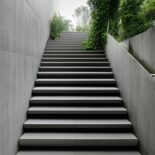 Design a city stairway with materials and features that repel dust, with focus on smooth surfaces, gloss finishes, and plants strategically placed to create a clean, dust-free appearance.