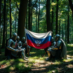 A group of knights in medieval armor sitting in a dense, enchanting forest, surrounded by towering trees and dappled sunlight