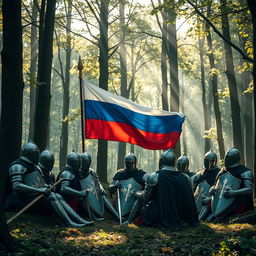 A group of knights in medieval armor sitting in a dense, enchanting forest, surrounded by towering trees and dappled sunlight