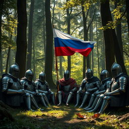 A group of knights in medieval armor sitting in a dense, enchanting forest, surrounded by towering trees and dappled sunlight