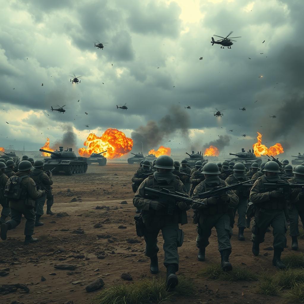 A dramatic depiction of a battlefield during wartime with soldiers in formation, tanks and helicopters in the distance, an intense clash of forces under a dark and stormy sky